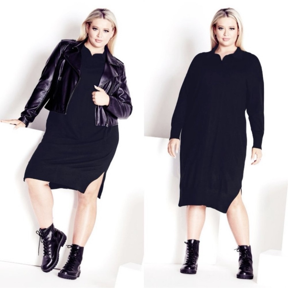 NWT City Chic ISOLDE ROTH Black Side Slit Knit Shirt Dress Size 18/20 - Picture 2 of 15